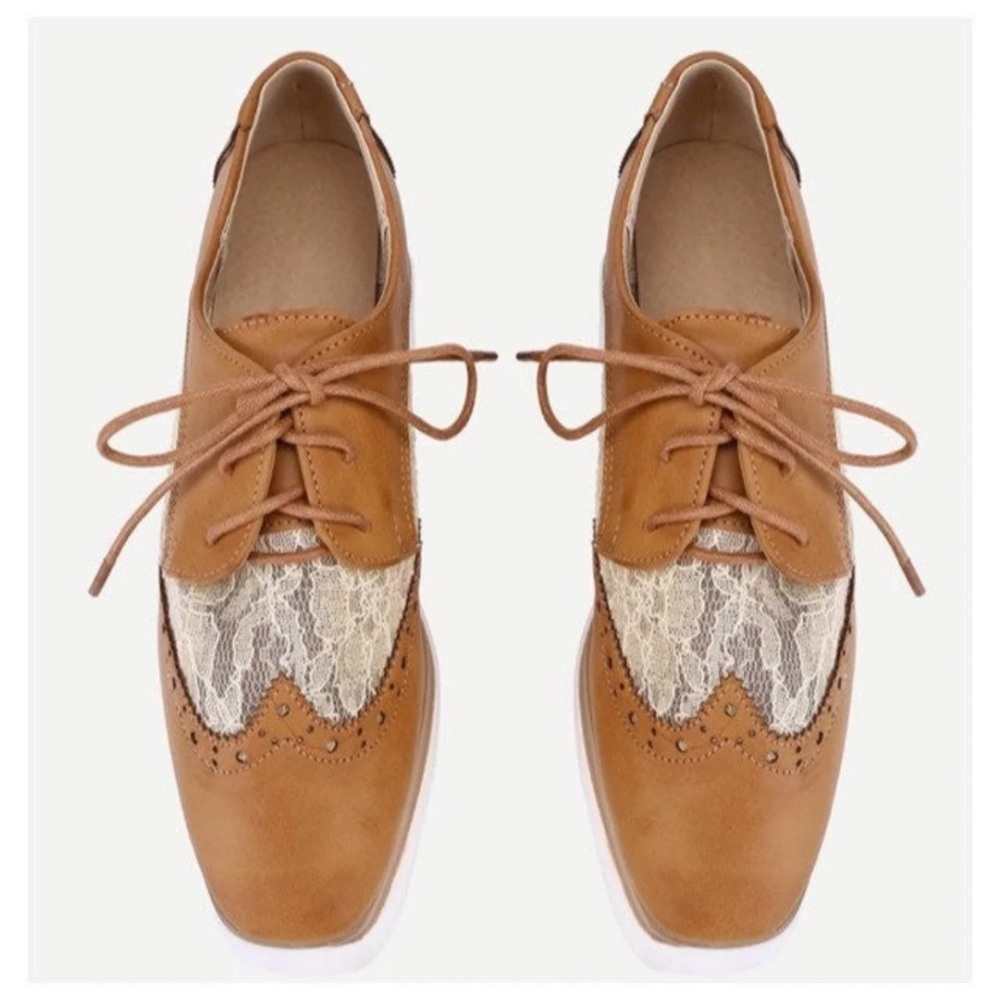 Oxford Shoes Platform Lug Sole Platform Square Toe Leather & Lace Shoes Size 36